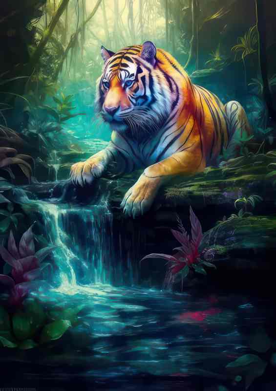 Tiger getting his paws wet in the waterfall | Canvas