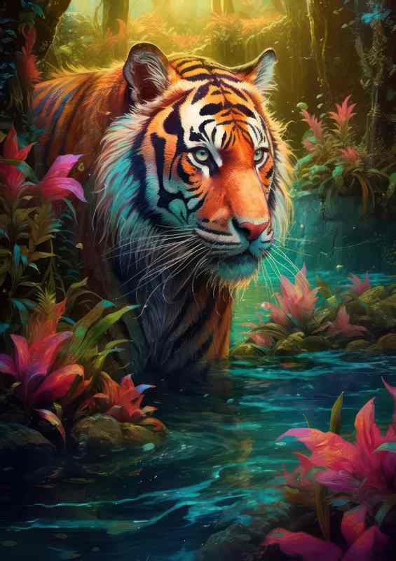 Tigher taking a bath in the jungle surrounded by flowers | Di-Bond