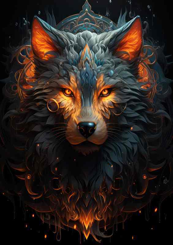 Tribal wolf glowing with ref fire colours | Canvas