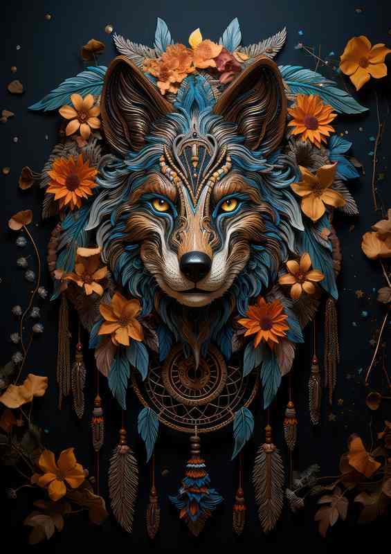 Wolf Dreamcatcher orange and yellow flowers | Canvas