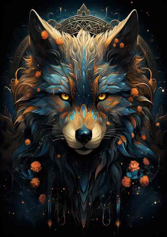 Wolf Surrounded by starry skies at night with flowers | Poster