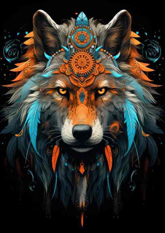 Wolf With Coloured feathers in his head | Canvas