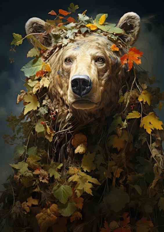 brown Bear encased in a bunch of leaves | Poster