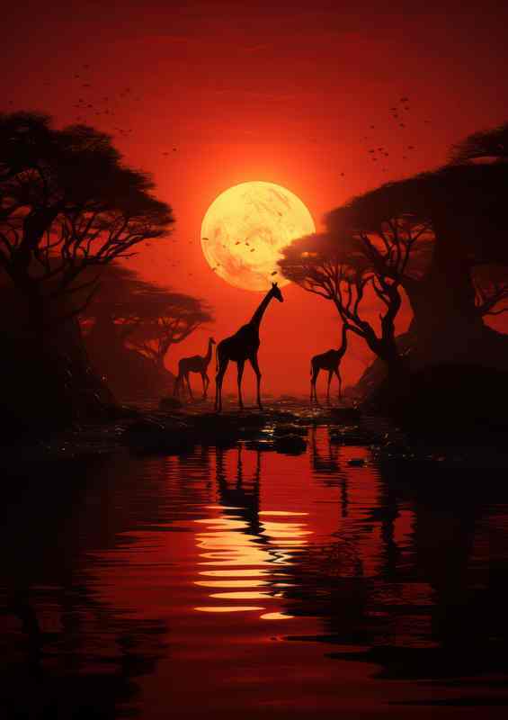 sunset dropping giraffes walking in the shade | Di-Bond