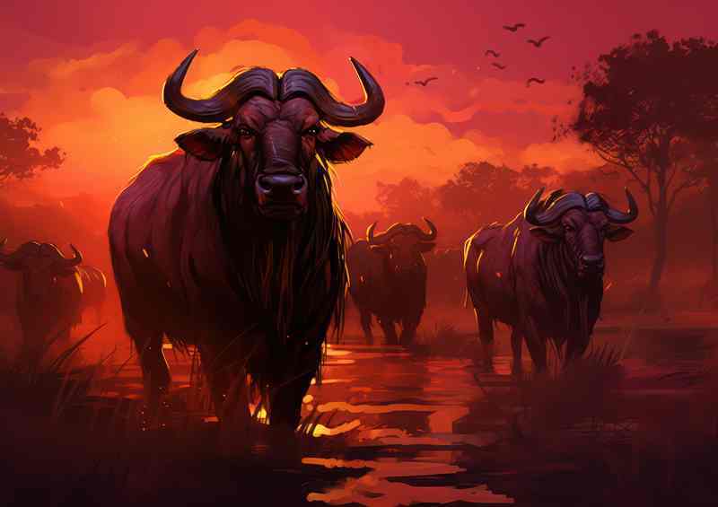 A Heard Of Wilderbeasts Anf the setting sun behind them | Poster