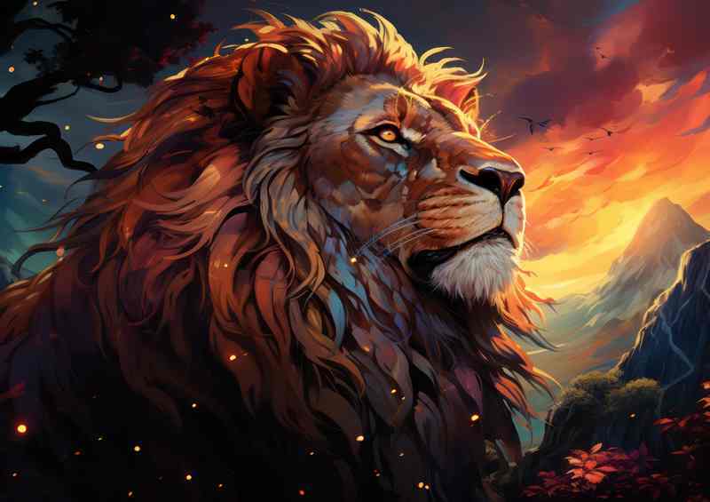 A Lion is standing on top of a rock while the sun is setting | Poster