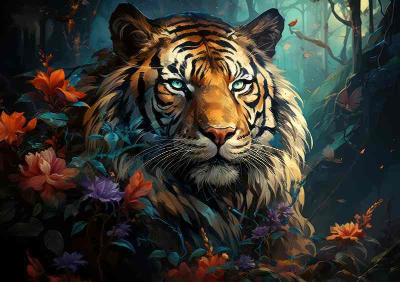 A Painted style Tiger surrounded by colourful flowers | Poster