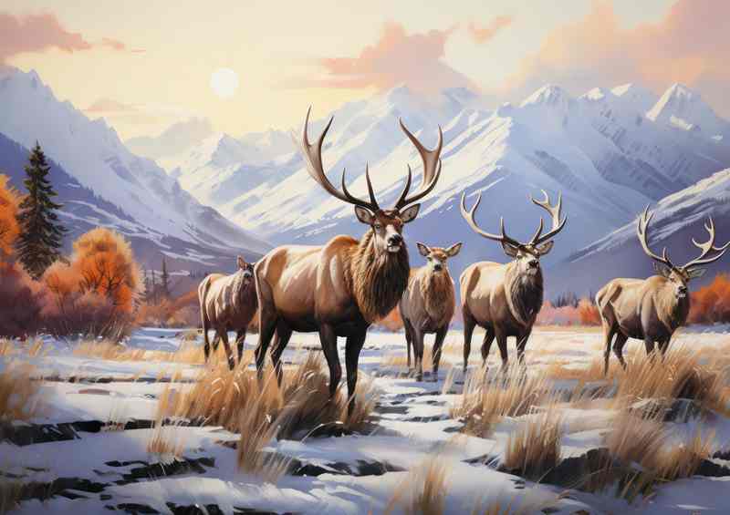 A group of elk standing near a snowy mountain scene | Poster