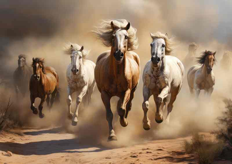 A group of horses galoping across the land kicking up dirt | Di-Bond