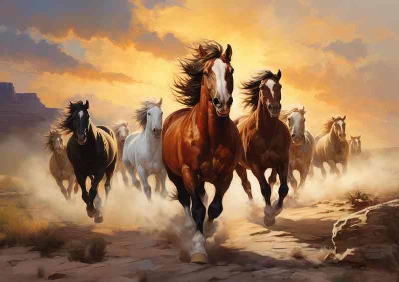 A group of horses running across hte palnes | Canvas