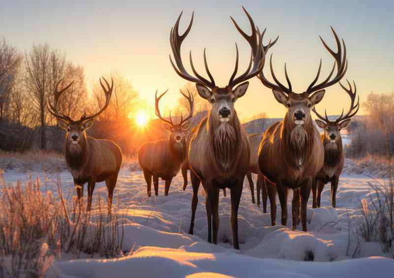 A hurd Of Elk Standing In the snow | Poster