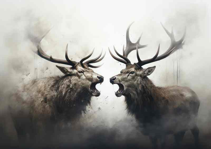 A pair Of Elks Squaring Up in the morning mist | Di-Bond