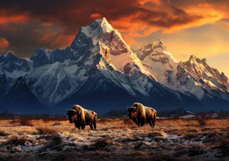 Buffalows with a snowy mountain background walking the planes | Poster