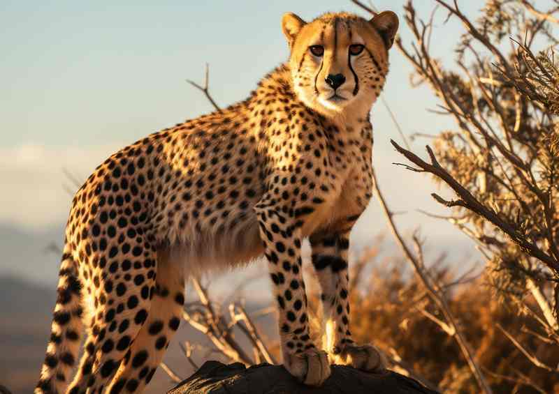 Cheetah standing on a rock overlooking the survanna | Di-Bond