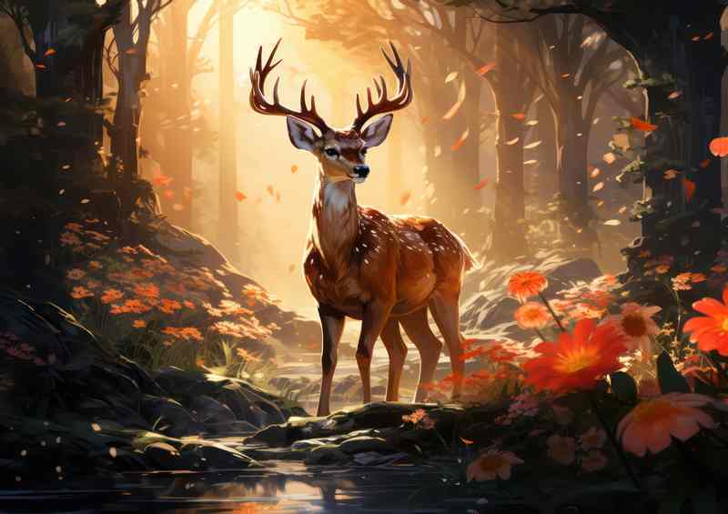 Day light shining through the forest with a deer | Canvas