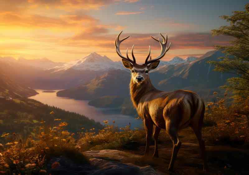 Deer By the river on a mountain top | Metal Poster