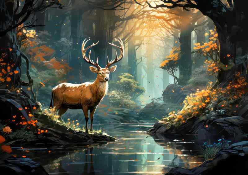 Deer in the forest by the stream | Canvas