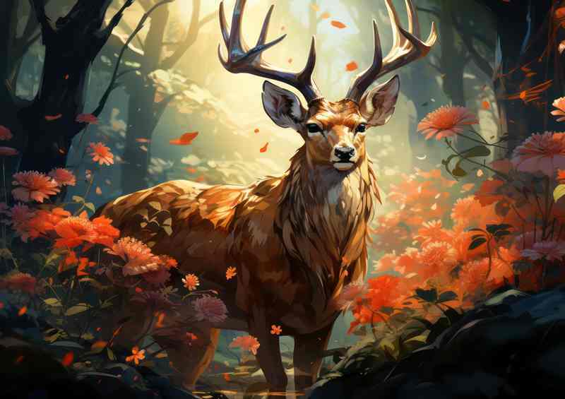 Deer in the forest looking through the flowers | Poster
