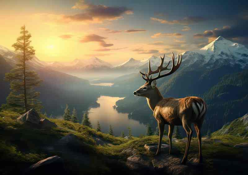 Deer overlooking the mountain tops with a river vally below | Poster