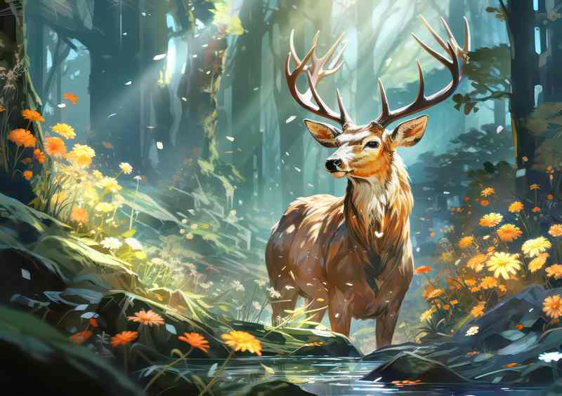 Deer walking in the stream in the woodland | Di-Bond