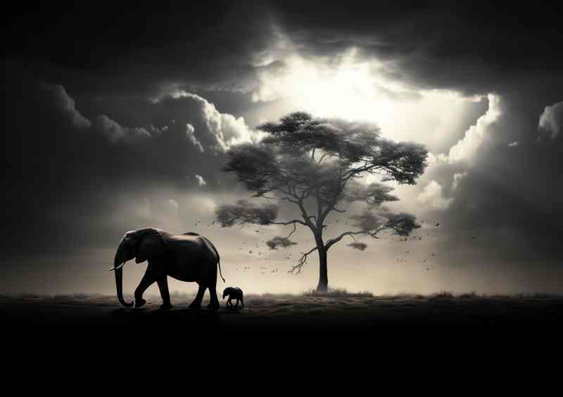 Elephant and baby on the survanna next to the lonley tree | Poster