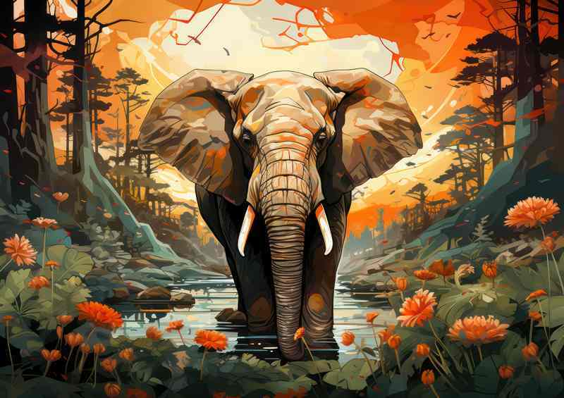Elephant Walking with Flower Bloom Metal Poster