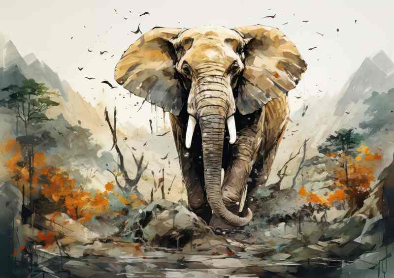 Elephant walking through the vally of mountains | Canvas