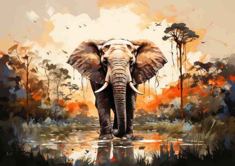 Elephant with reflections in the water stream | Di-Bond