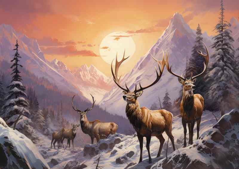 Elks an the mountain tops with a setting sun | Poster