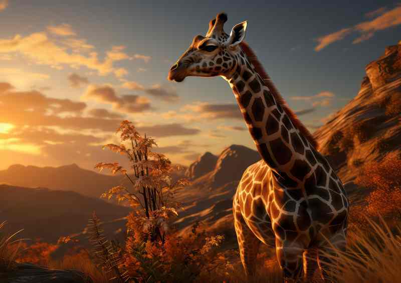 Giraffe in the evening beside the mountains | Poster