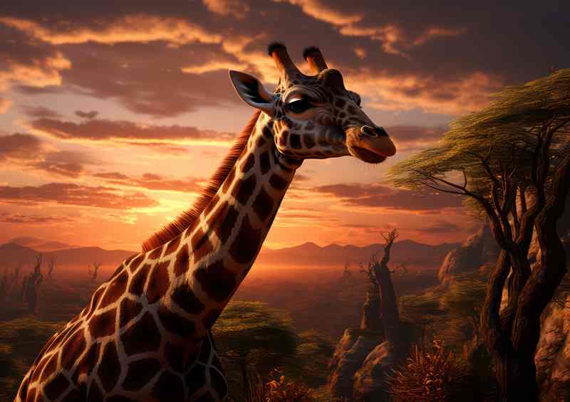 Giraffe in the savanna at sunset time | Poster