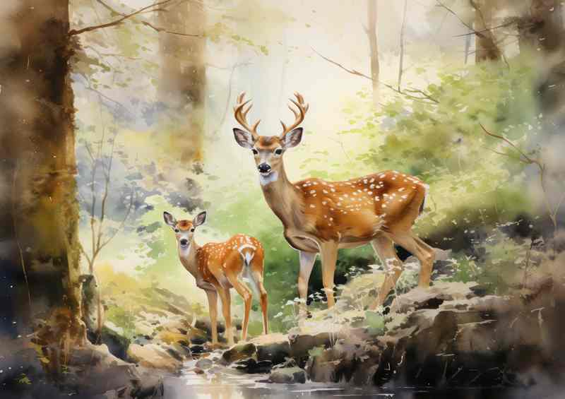 Journey into the Forest Meeting Deer And Fawn in the Wild | Poster