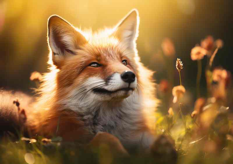 Laying down in the grass a fox enjoying the morning sun | Poster