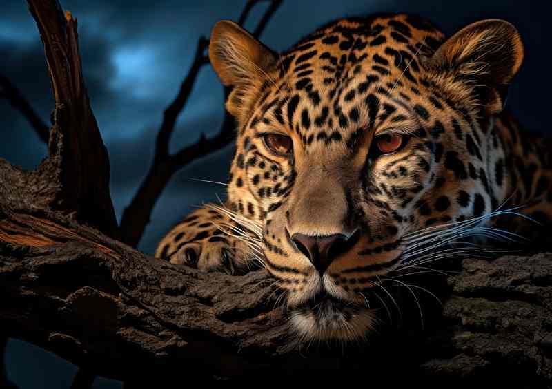 Leopard head resting on a wood branch striking eyes | Poster