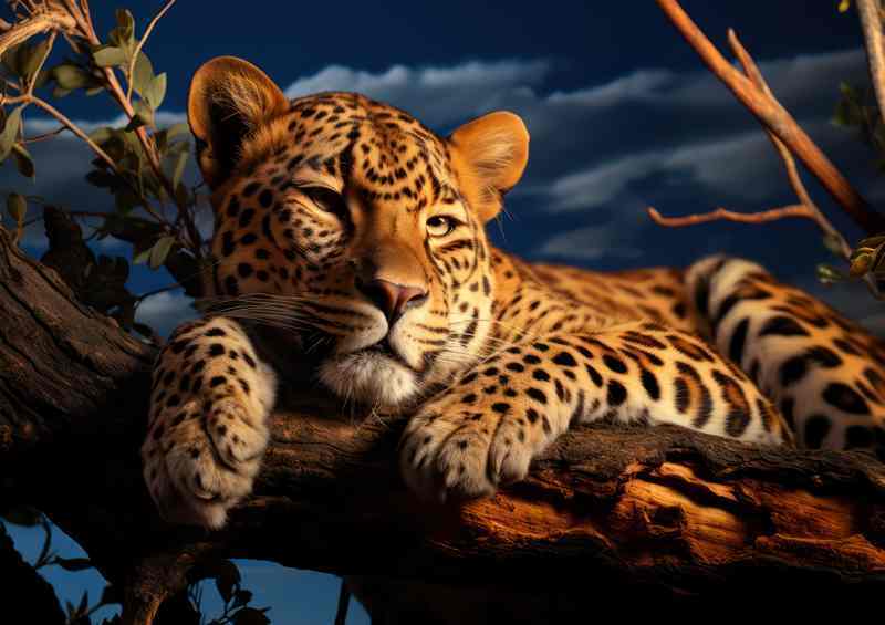 Leopard lying on a branch up in the tree resting | Poster