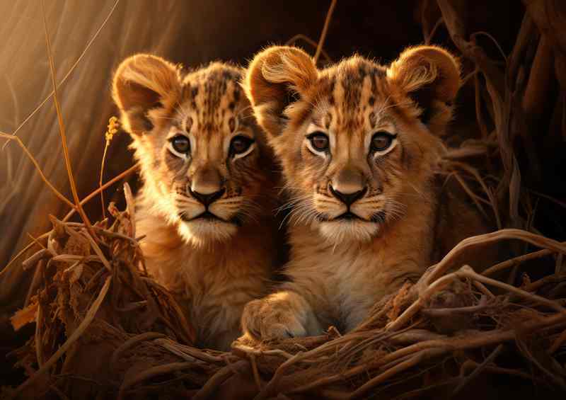 Lion cubs with a ray of sunlight shining through | Canvas