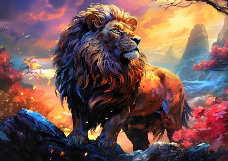 Lion on top of the rocks in the mountains | Poster