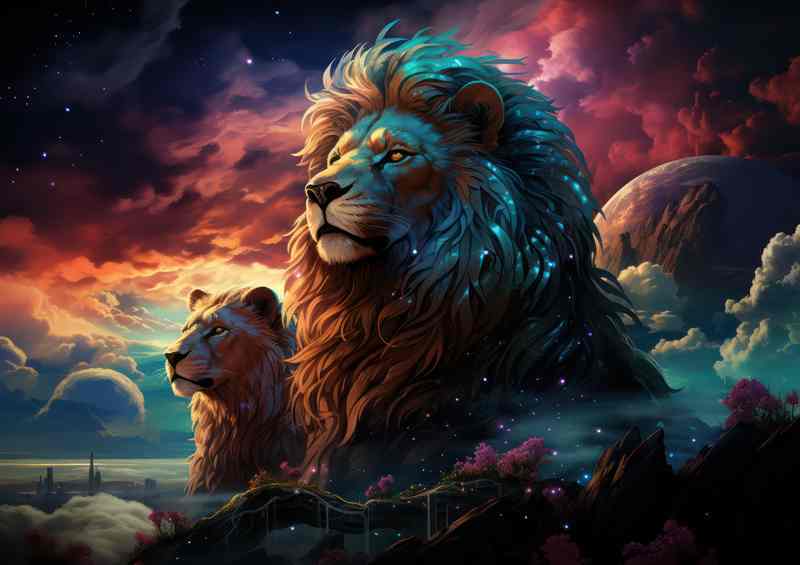 Lions and Lioness with the moon and night sky | Di-Bond