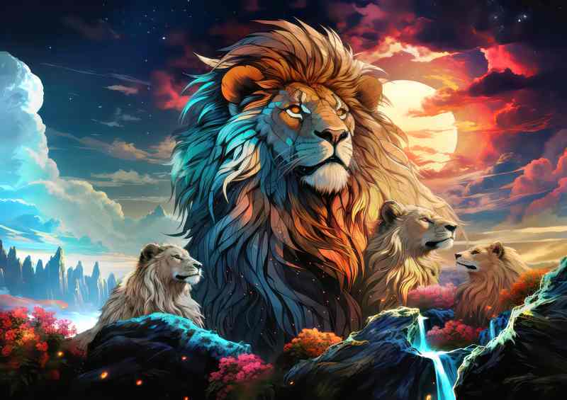 Lions looking at the night sky | Poster
