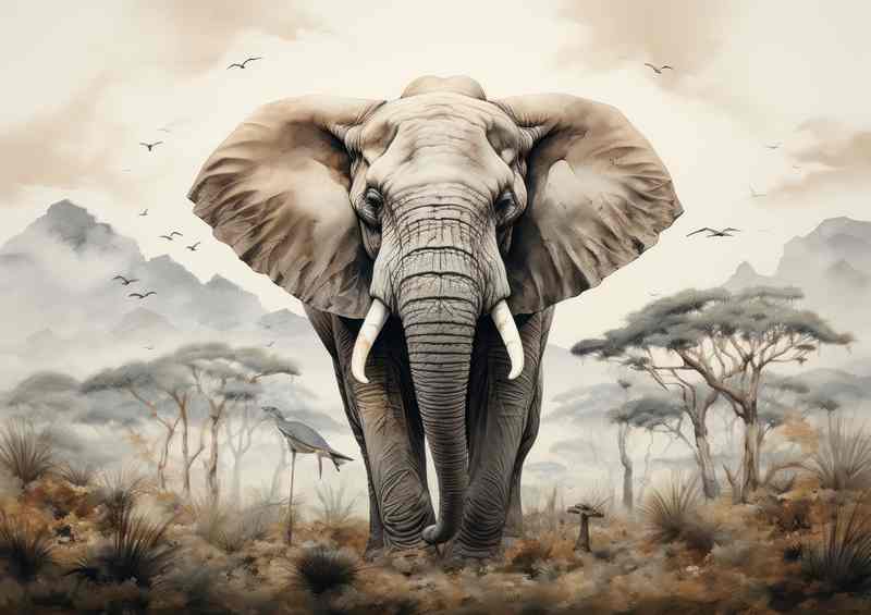 Mountains and elephants in africa with trees either side | Canvas