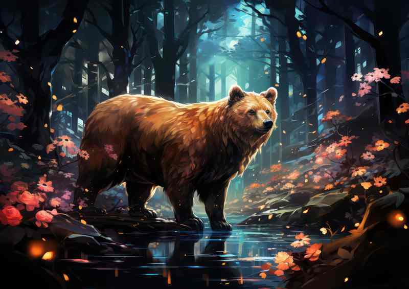 Painting of a brown bear in the woods standing in the stream | Poster