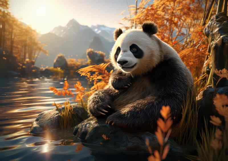 Panda by the river mountains in the background | Canvas