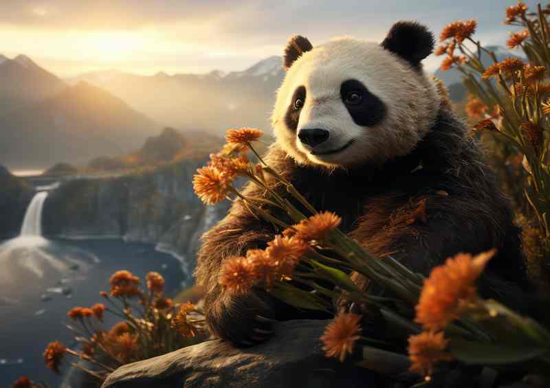 Panda with waterfall and sun glowing | Poster