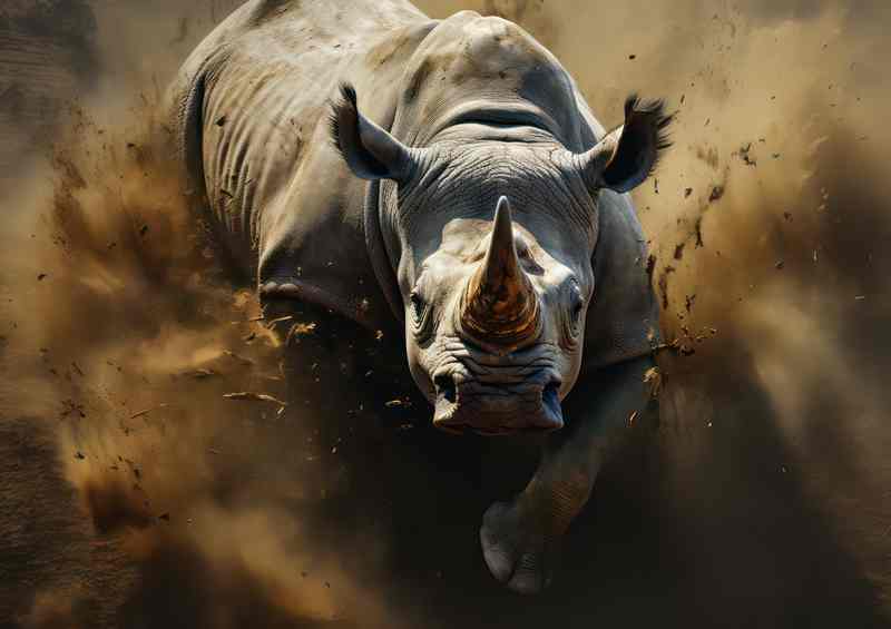 Rhino on a charge kicking up the dirt | Canvas