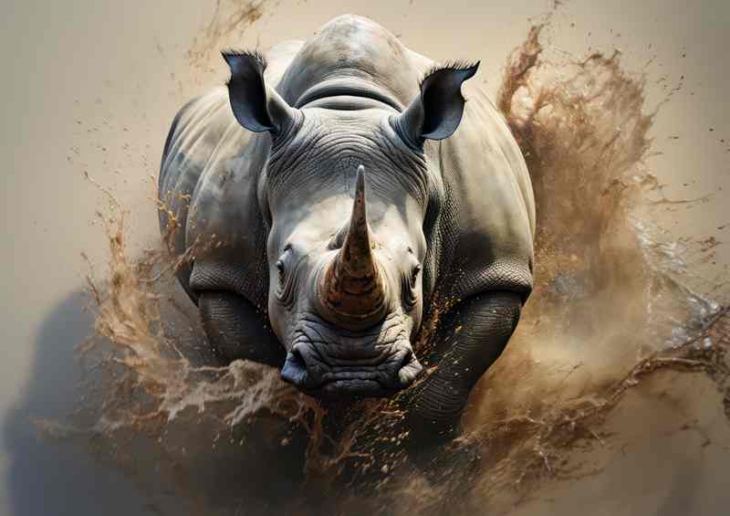 Rhino on the run in the mist of all the dirt | Poster