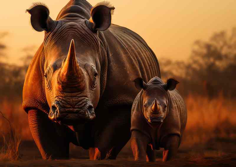 Rhino with her calf in the african savanna | Di-Bond