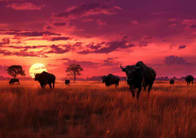 Setting sun with a group of wilderbeasts | Metal Poster