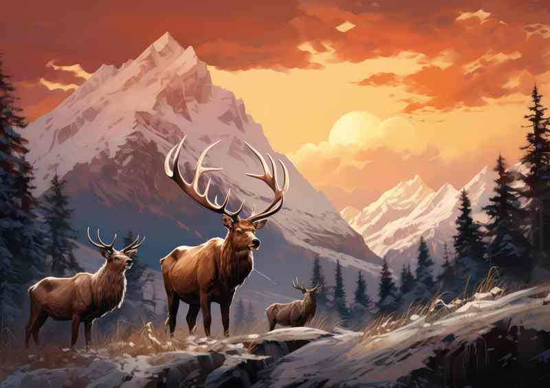 The Snowt mountains with the Elk walking | Di-Bond