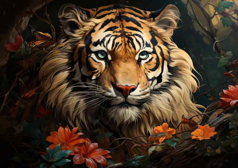 Tiger in the jungle surrounded by flowers | Poster