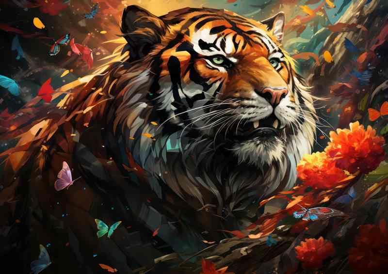 Tiger surrounded by birds and flowers | Di-Bond
